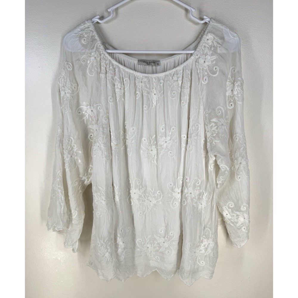 Viola Borghi Silk Blend Top 3/4 Sheer Sleeve Ivory 1X Made in Italy Fairy Boho